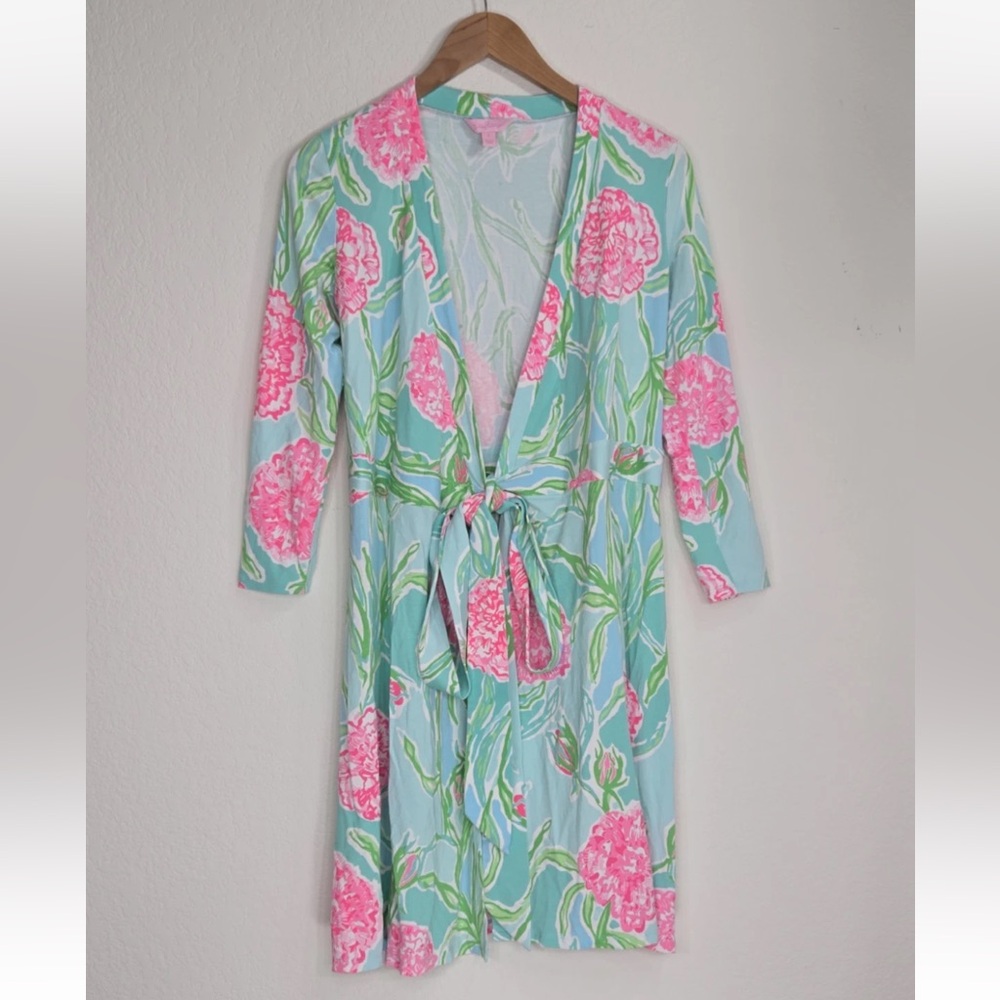 Lilly Pulitzer Aqua Floral Tie-Waist Long Sleeve Dress